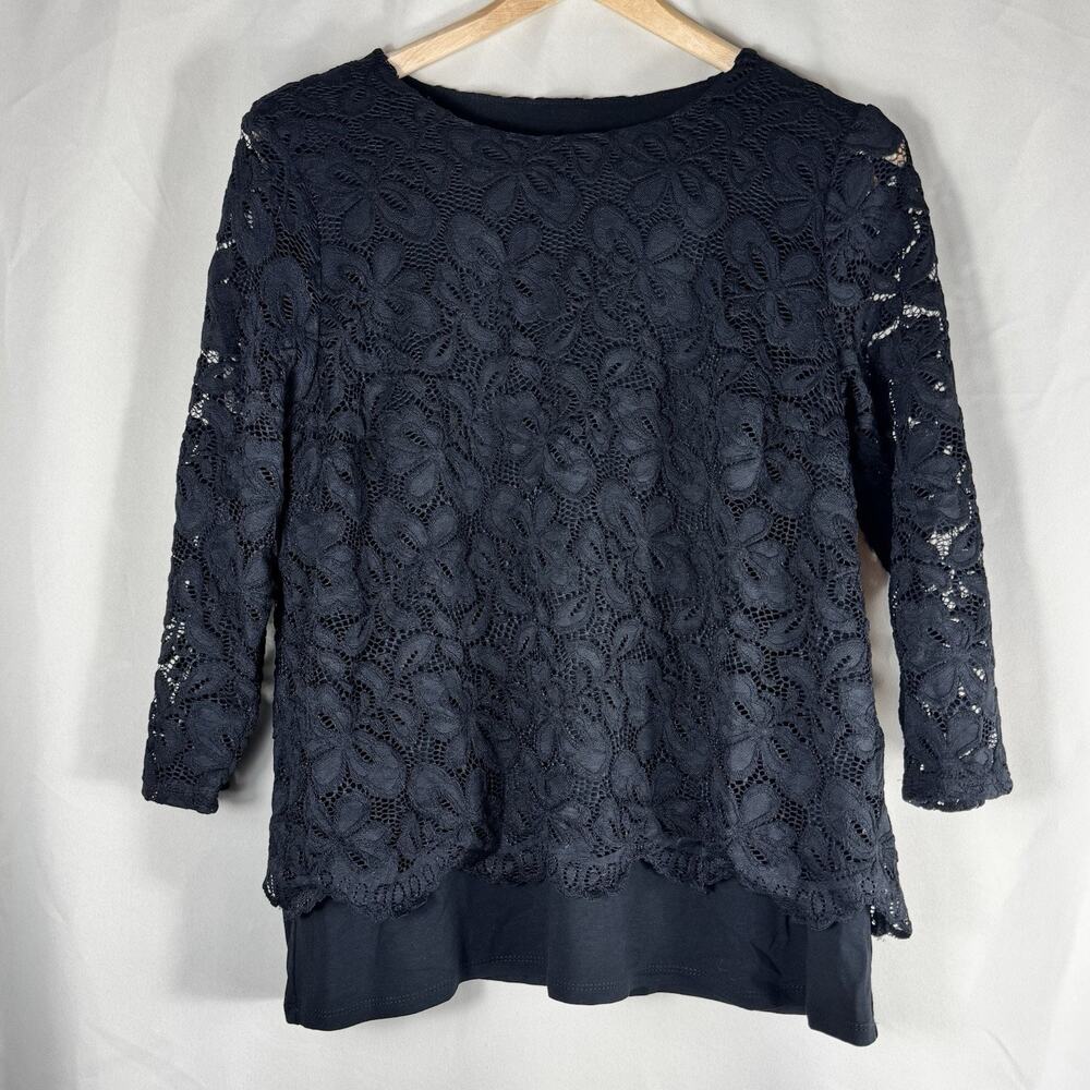 J Jill Wearever Black Lace Tunic Top Women’s Med Petite Layered Romantic Lace